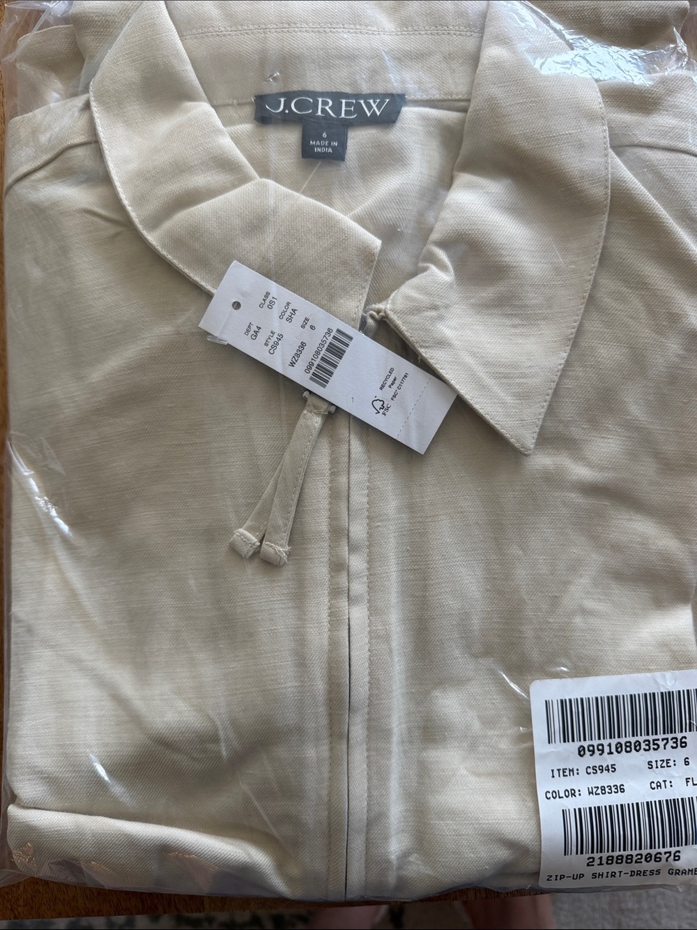 J.CREW Neutral Beige Zip-Up Shirt Dress, Gramercy Linen